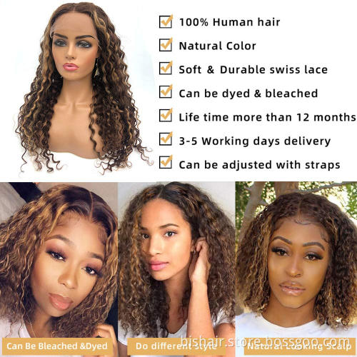 Human Hair Wigs Curly Highlight Brown Lace Front Wigs Ombre Deep Wave 13x4x1 Lace Wigs Pre Plucked with Baby Hair Blonde